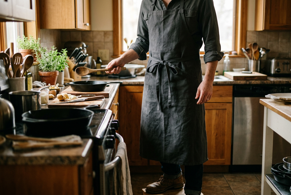 Homme portant un long tablier de cuisine en toile anthracite devant un barbecue Image