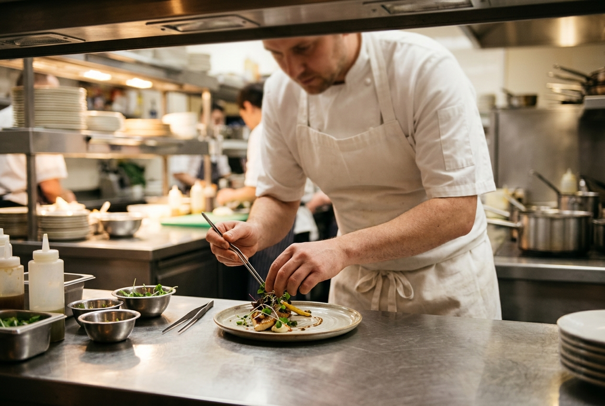 Chef en cuisine de restaurant portant un long tablier bavette blanc en coton épais