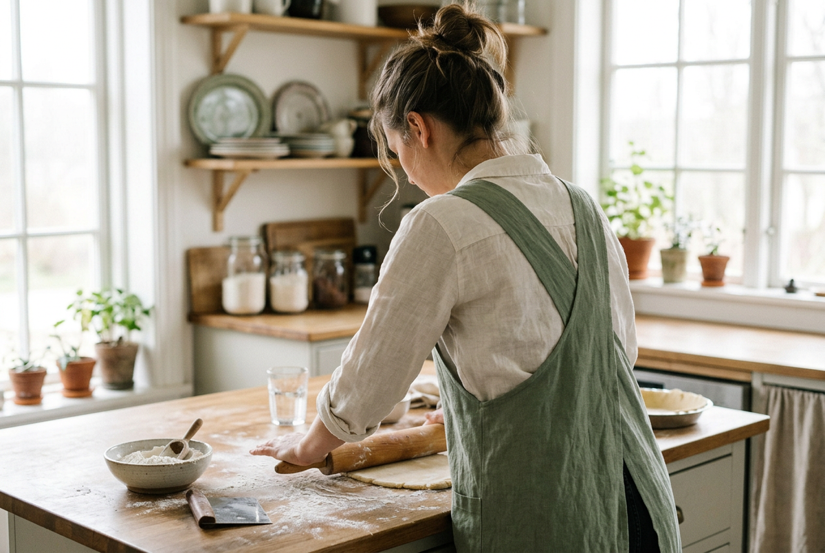 Femme pâtissant dans une cuisine claire, vêtue d'un tablier japonais vert sauge croisé dans le dos Image