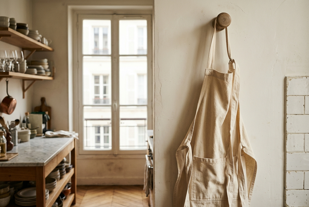 Tablier de cuisine en coton écru suspendu à une patère en bois dans une cuisine claire Image
