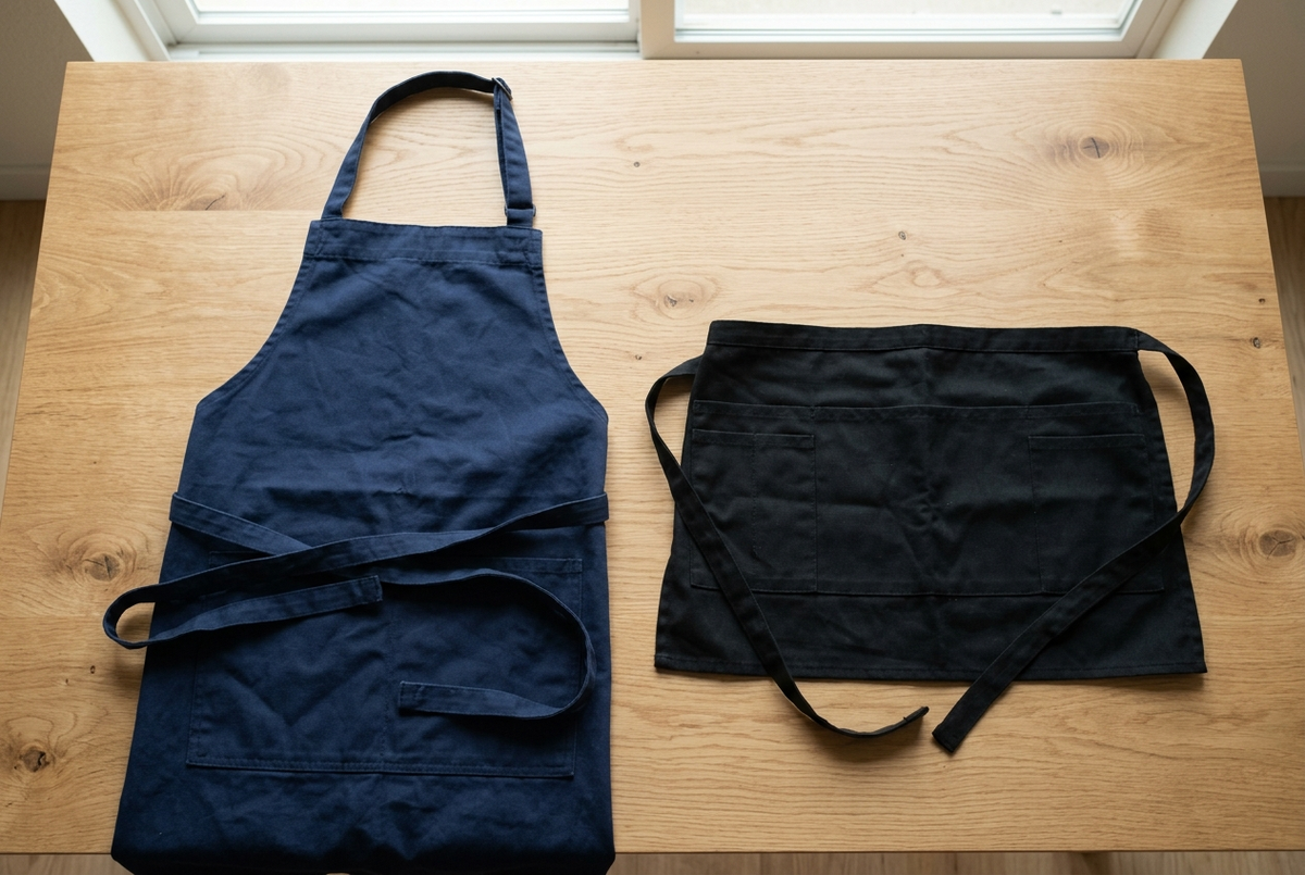 Tablier bavette avec plastron et tablier court de service posés côte à côte Image