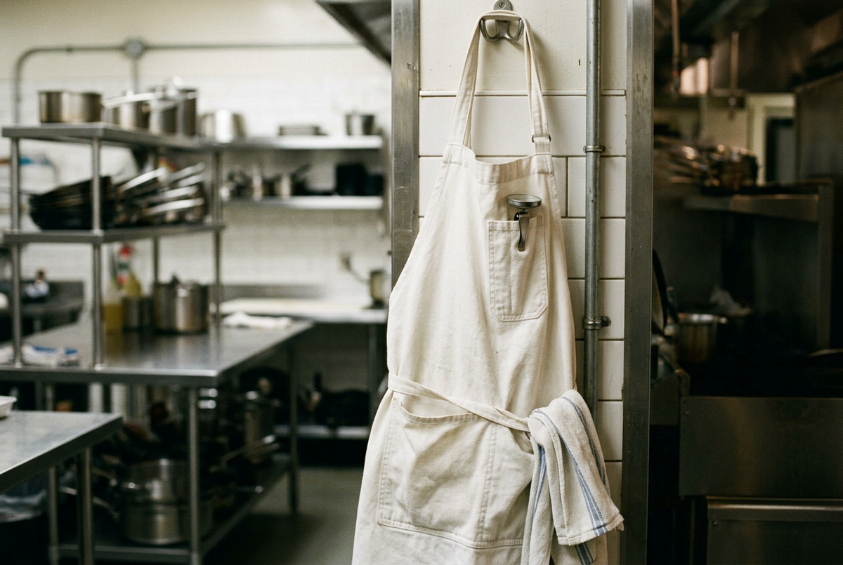 Tablier de cuisinier blanc en coton épais avec poche et liens longs, suspendu en cuisine