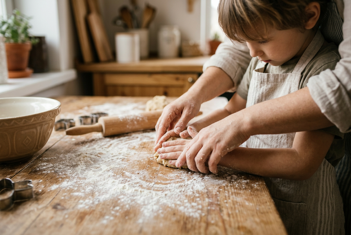 Enfant portant un petit tablier de cuisine en coton, mains dans la farine sur une table en bois Image