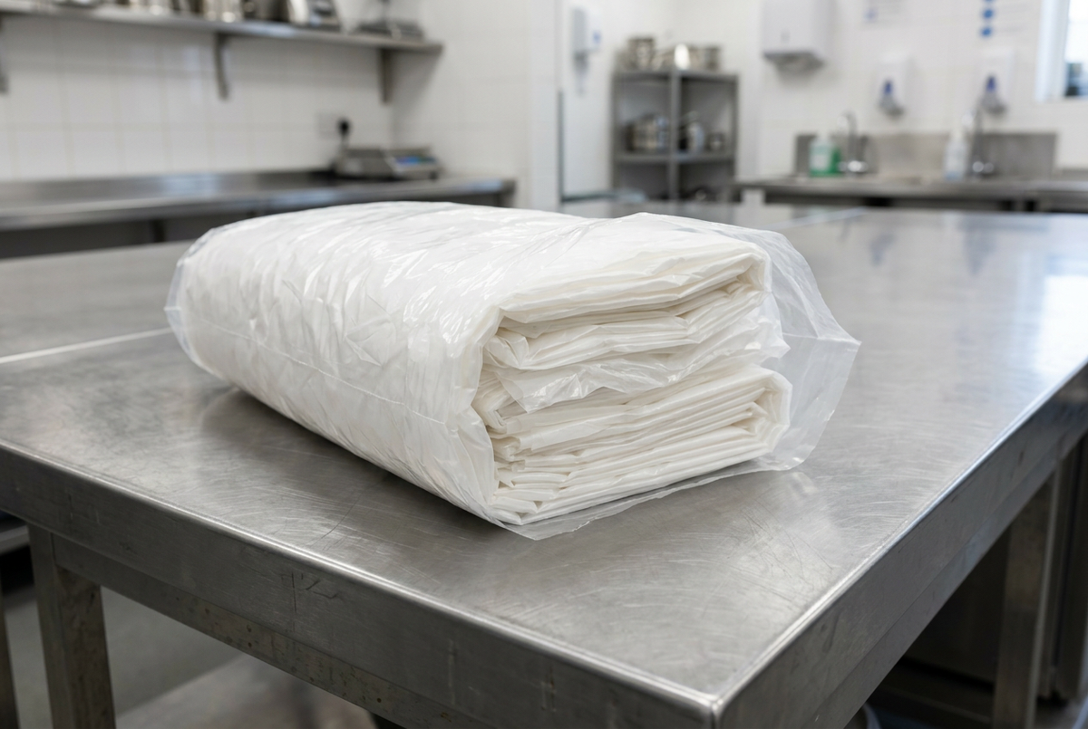 Tabliers jetables à usage unique pliés dans leur emballage sur un plan de travail inox