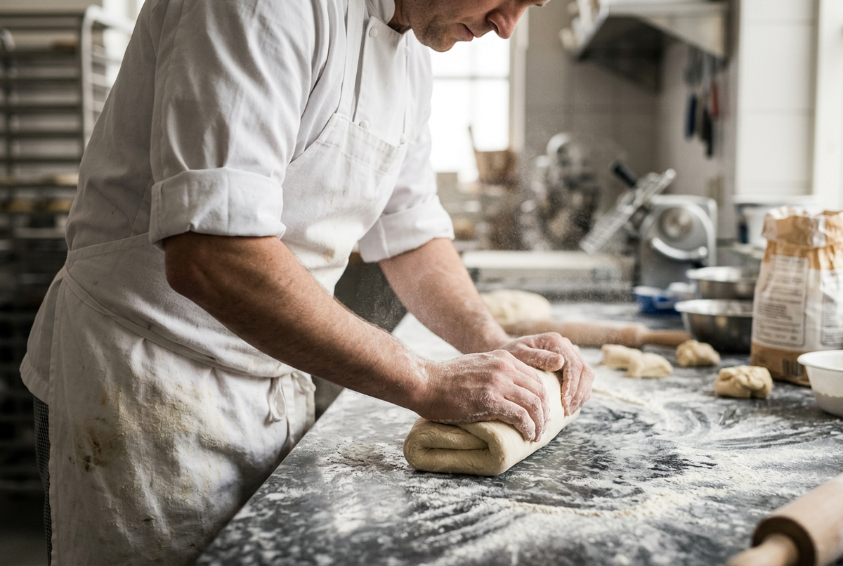 Pâtissier en tablier blanc travaillant une pâte sur un plan fariné