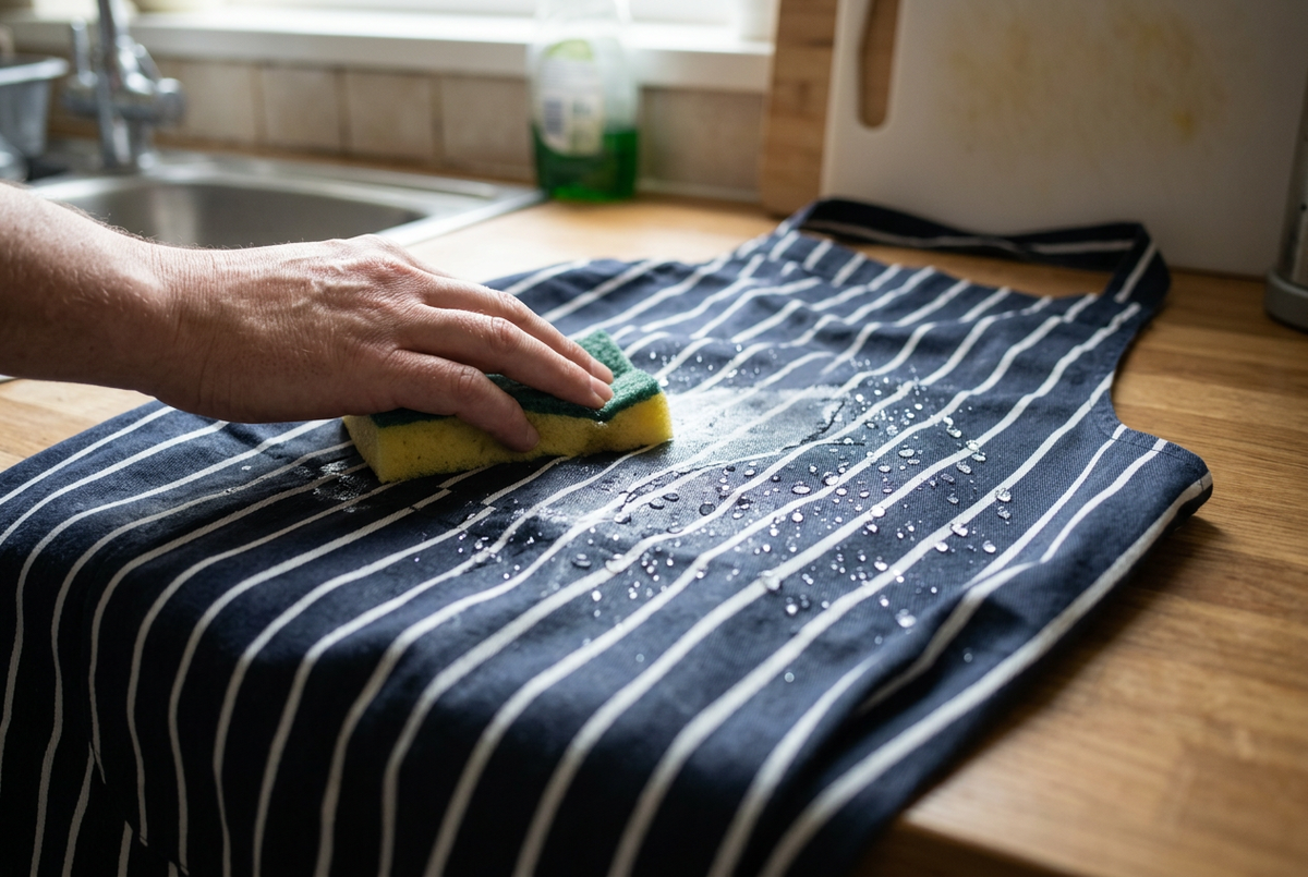 Tablier en coton enduit imperméable essuyé avec une éponge sur un plan de travail Image