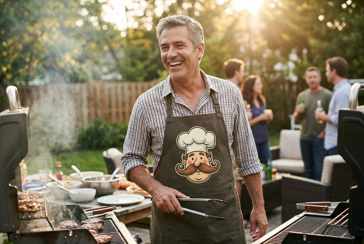Homme souriant portant un tablier de cuisine humoristique devant un barbecue