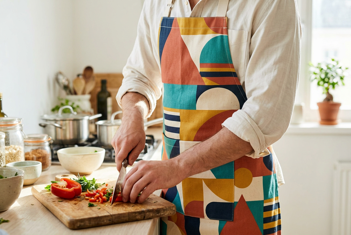 Tablier de cuisine à motif graphique coloré porté dans une cuisine lumineuse