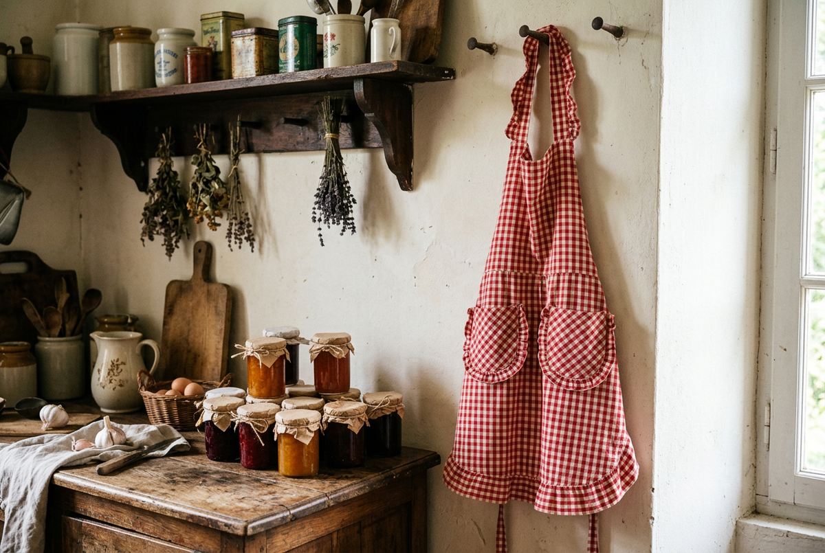 Tablier de cuisine vintage à carreaux avec volants, suspendu dans une cuisine rétro Image