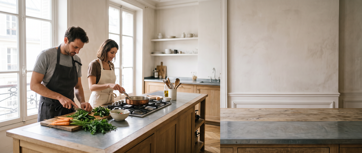 Homme et femme cuisinant côte à côte en tabliers de cuisine en coton dans une cuisine parisienne