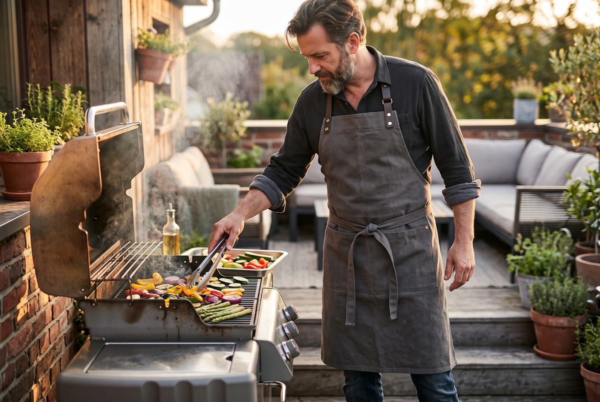Homme au barbecue en long tablier de cuisine en toile anthracite Image