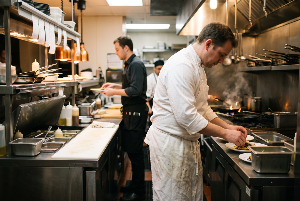 Cuisine de restaurant : chef en tablier bavette blanc et serveur en tablier court noir Image